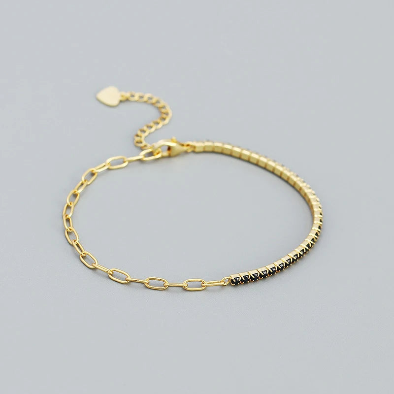 925 Silver Vintage Link Chain Rainbow Zircon Bracelet Women Jewelry Bangle