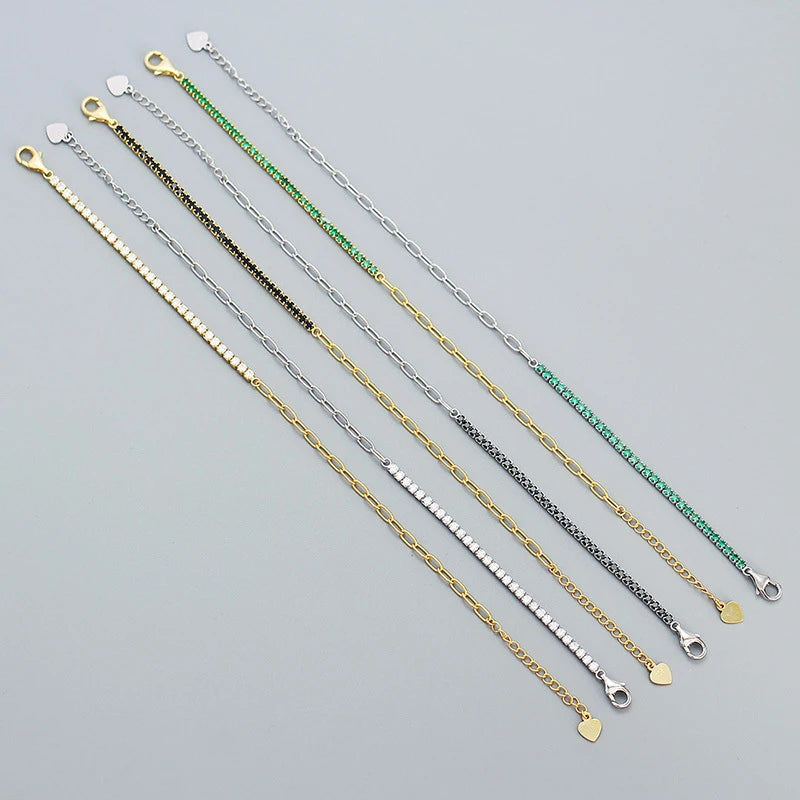 925 Silver Vintage Link Chain Rainbow Zircon Bracelet Women Jewelry Bangle