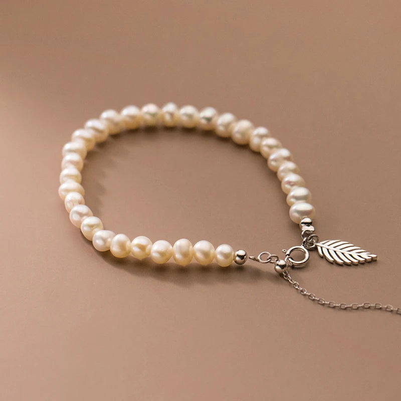 925 Silver Vintage Baroque Pearl Leaf Charm Bracelet