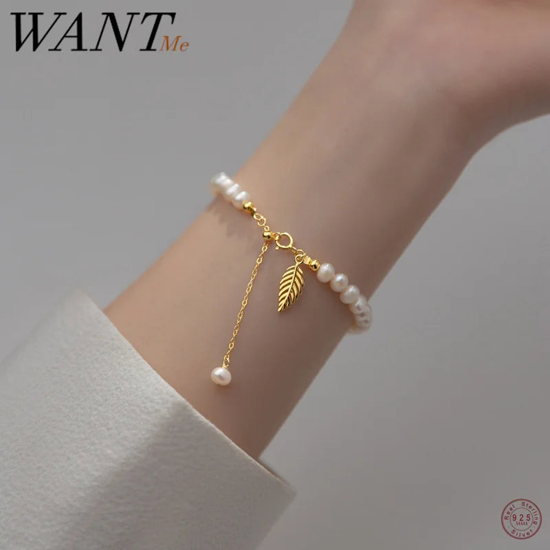 925 Silver Vintage Baroque Pearl Leaf Charm Bracelet