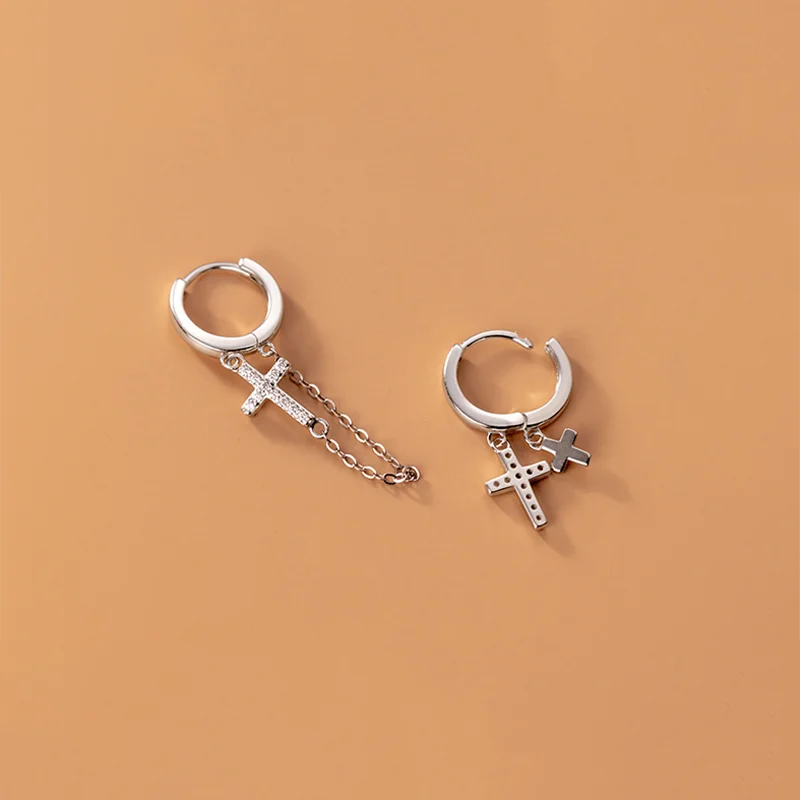925 Silver Punk Cuban Link Cross Huggie Earrings