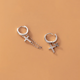 925 Silver Punk Cuban Link Cross Huggie Earrings