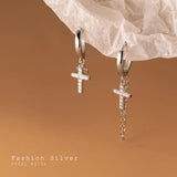 925 Silver Punk Cuban Link Cross Huggie Earrings