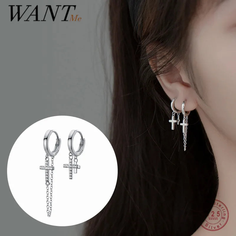 925 Silver Punk Cuban Link Cross Huggie Earrings