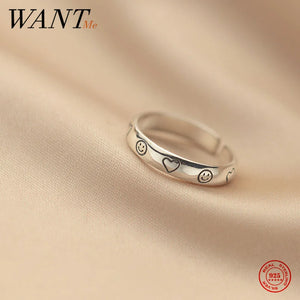 925 Silver Vintage Punk Goth Smiley Face Heart Ring