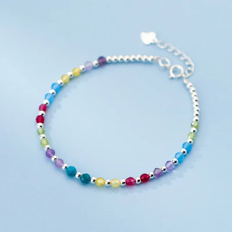 925 Silver Multicolor Glass Ball Bead Bracelet for Women