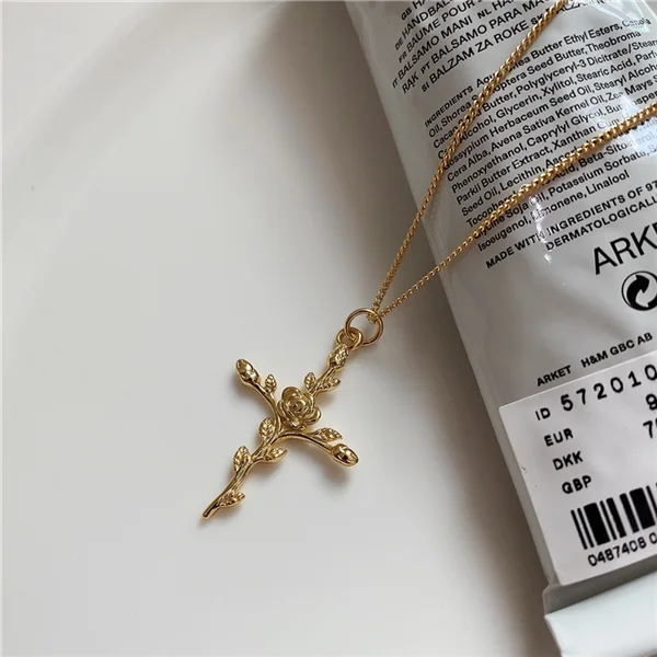 925 Silver Cross Rose Flower Pendant Necklace Cuban Chain for Women
