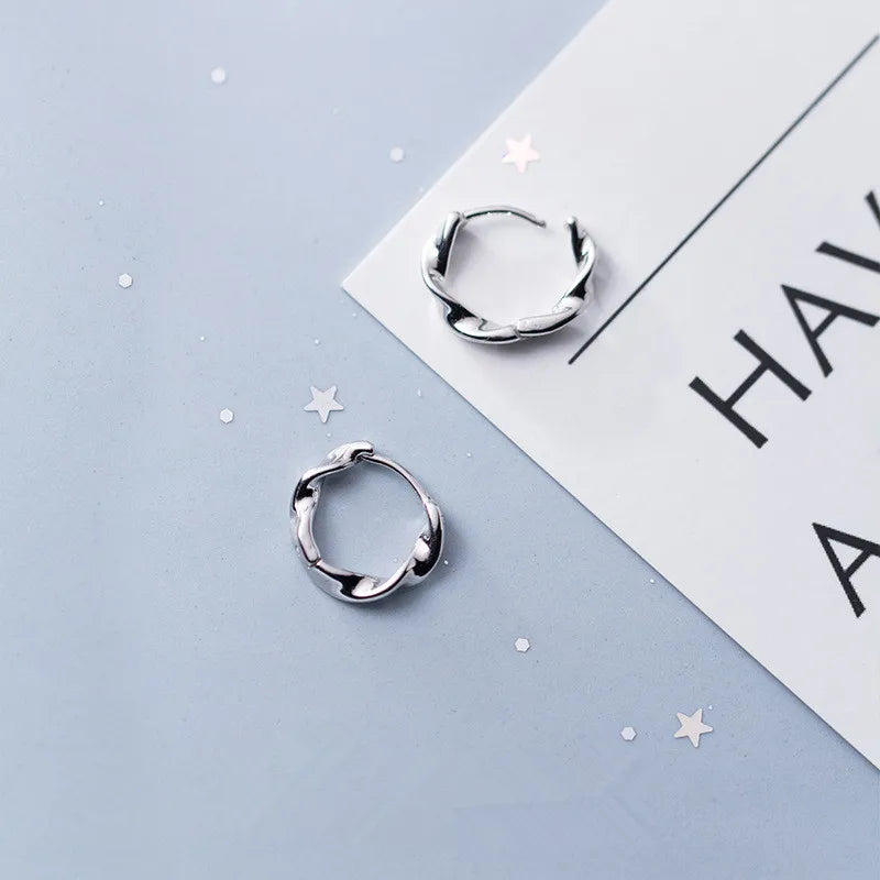 Minimalist Twisted Rope Round Ear Buckle 925 Sterling Silver Earrings