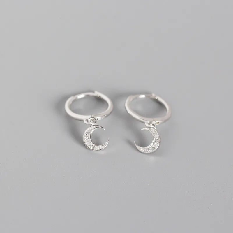 925 Silver Moon Studs Earrings Pave Zircon Women's Jewelry