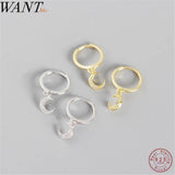 925 Silver Moon Studs Earrings Pave Zircon Women's Jewelry