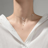 925 Silver Crystal Star Moon Tassel Necklace Wedding Jewelry
