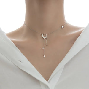 925 Silver Crystal Star Moon Tassel Necklace Wedding Jewelry