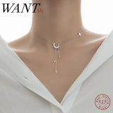 925 Silver Crystal Star Moon Tassel Necklace Wedding Jewelry