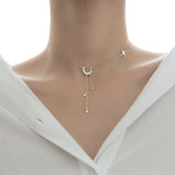 925 Silver Crystal Star Moon Tassel Necklace Wedding Jewelry