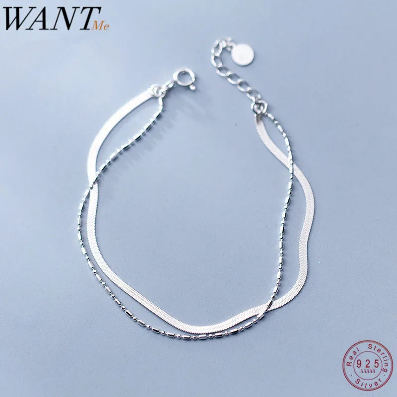 925 Silver Double Bead Charm Chain Bracelet for Women