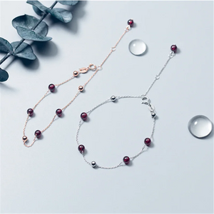 925 Silver High Garnet Bead Chain Bracelet Women's Party Jewelry
