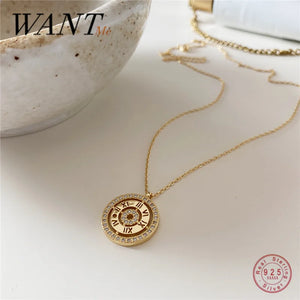 925 Silver Clock Watch Pendant Necklace with Zircon - Women's Jewelry