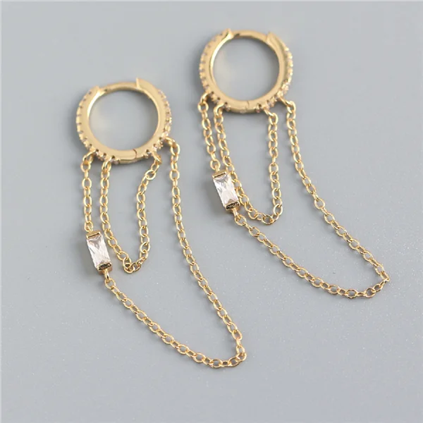 925 Silver Boho Square Zircon Tassel Stud Earrings for Women