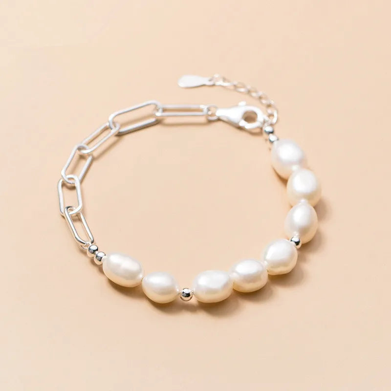 925 Silver Cuban Link Bracelet with Baroque Pearl Charm