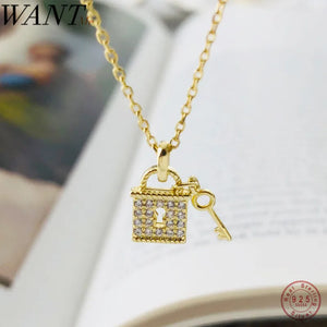 925 Silver Key Padlock Punk Chain Charm Pendant Necklace for Women