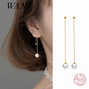 925 Silver Pearl Long Ear Line Earrings Women Party Drop Earrings