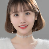 925 Silver Pearl Long Ear Line Earrings Women Party Drop Earrings