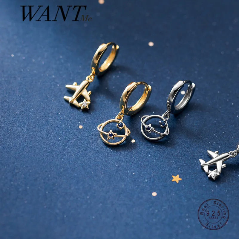 925 Silver Plane Planet Stud Earrings for Women Party