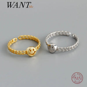 925 Silver Smile Link Chain Ring Adjustable 18k Plated Party Jewelry