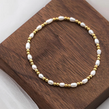 925 Silver Golden Beads Natural Pearl Charm Bracelet Wedding Jewelry