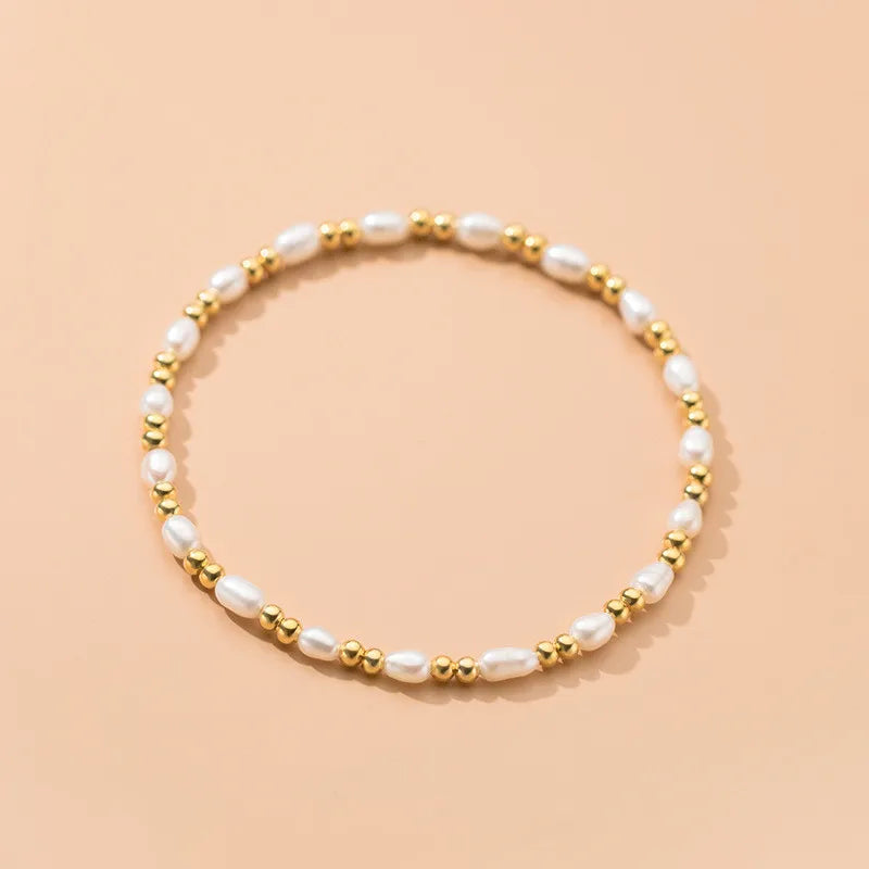 925 Silver Golden Beads Natural Pearl Charm Bracelet Wedding Jewelry