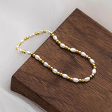 925 Silver Golden Beads Natural Pearl Charm Bracelet Wedding Jewelry