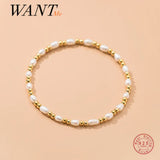 925 Silver Golden Beads Natural Pearl Charm Bracelet Wedding Jewelry