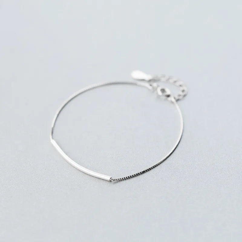 925 Silver Minimalist Curved Line Charm Bracelet Bangle for Women