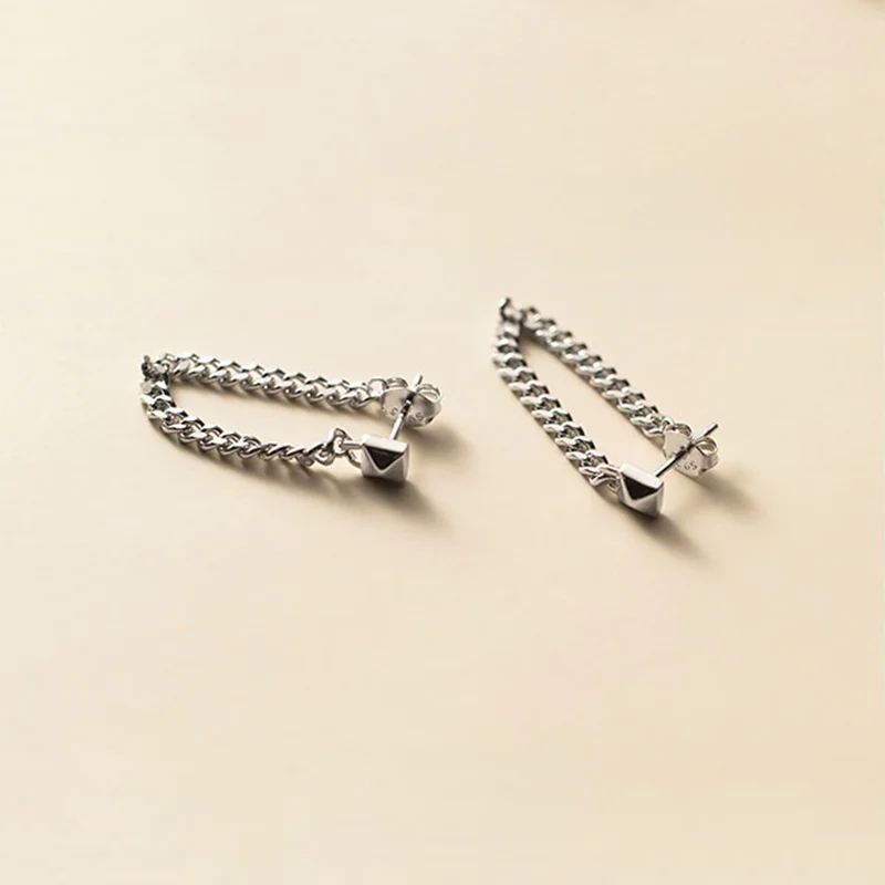 925 Silver Tassel Punk Cuban Link Chain Stud Earrings