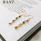 925 Silver Colorful Zircon Tassel Earrings Women Wedding Party