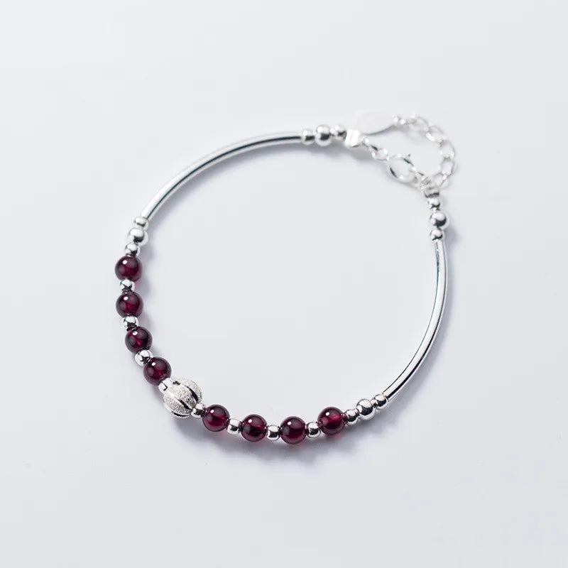 Natural Garnet Bead Charm Bracelet 925 Sterling Silver Jewelry