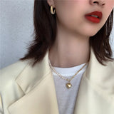925 Silver Pearl Heart Pendant Necklace Cuban Chain Punk Gothic Jewelry