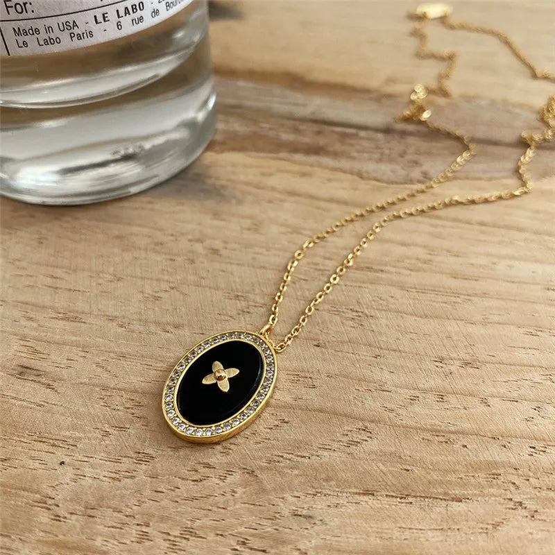 Agate Embossed Flower Charm Pendant Necklace for Women