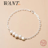 925 Silver Cuban Link Bracelet with Pearl Charm