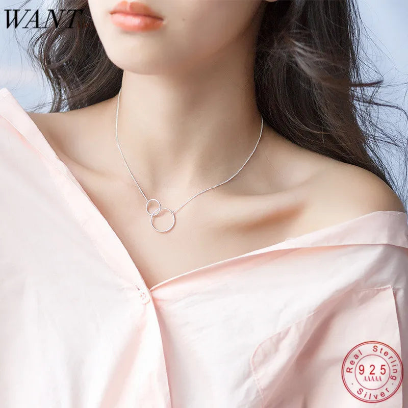 925 Silver Geometric Double Circle Interlocking Pendant Necklace