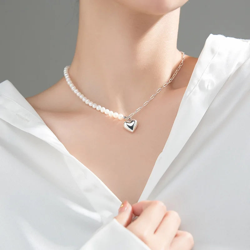925 Silver Cuban Link Chain Heart Charms Necklace for Women