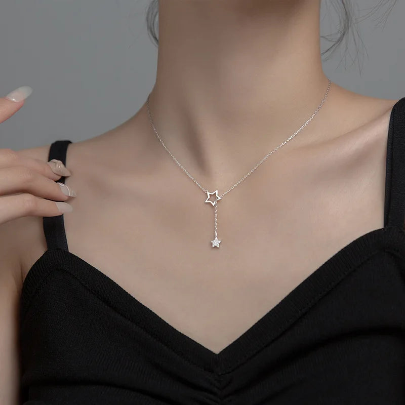 925 Silver Hollow Star Chain Necklace for Women Wedding
