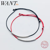 925 Silver Curved Tube Bracelet Red Rope Tibetan Buddhist Bangle