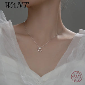 925 Silver Star Moon Charm Necklace for Women
