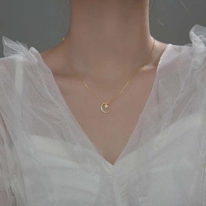 925 Silver Star Moon Charm Necklace for Women