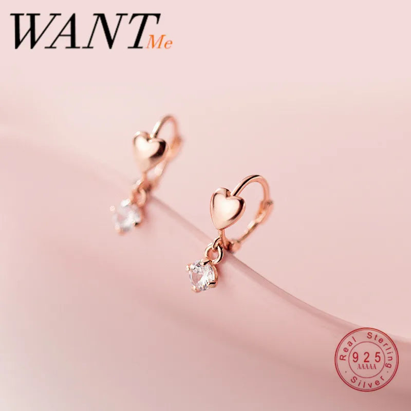 925 Silver Heart Zircon Stud Earrings for Women