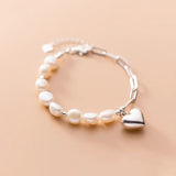 925 Silver Baroque Pearl Cuban Link Bracelet Love Heart for Women Couple