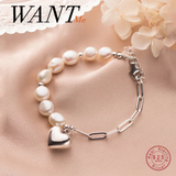 925 Silver Baroque Pearl Cuban Link Bracelet Love Heart for Women Couple