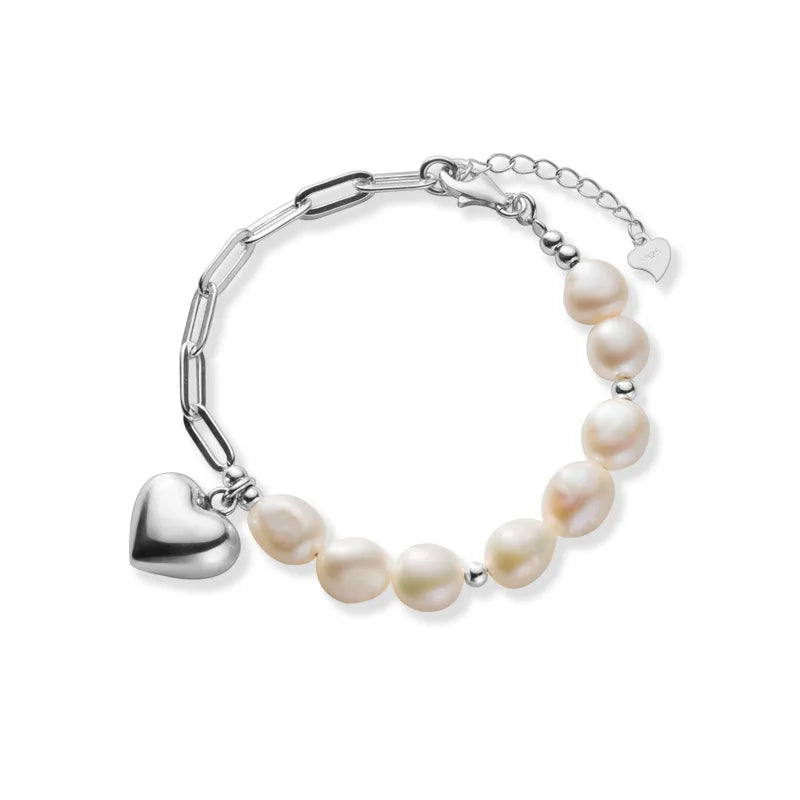 925 Silver Baroque Pearl Cuban Link Bracelet Love Heart for Women Couple