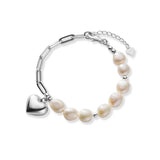 925 Silver Baroque Pearl Cuban Link Bracelet Love Heart for Women Couple
